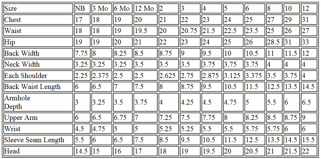 Essentials Size Chart Kids