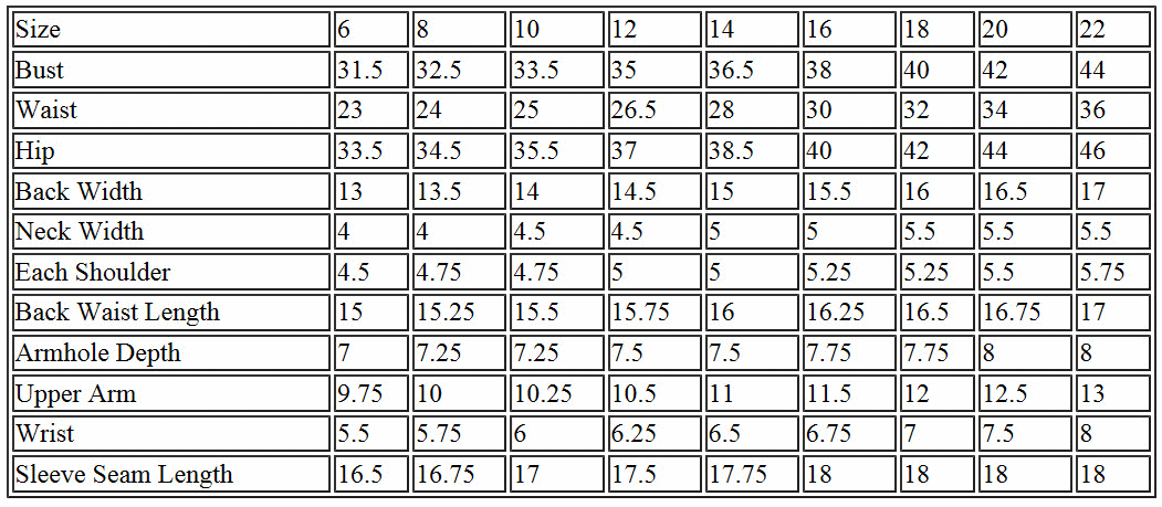 Pattern Standard Size Chart Women
