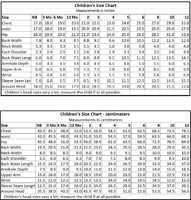 Childrens size charts